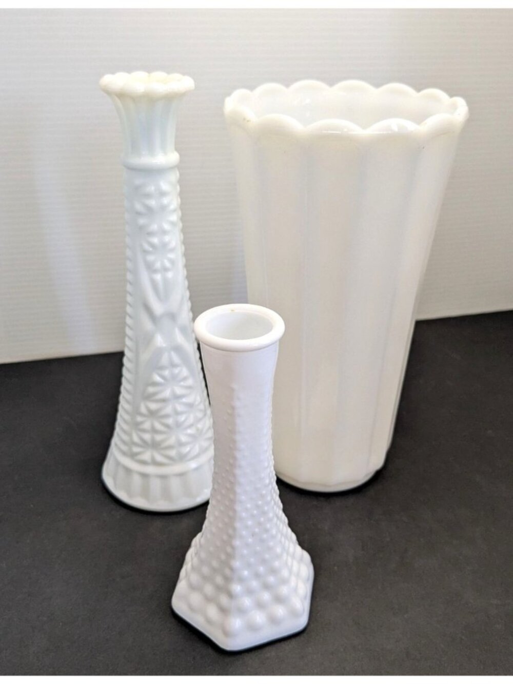 Vintage Milkglass Vase Trio  Hobnail & Scalloped Designs Wedding Cottagecore
